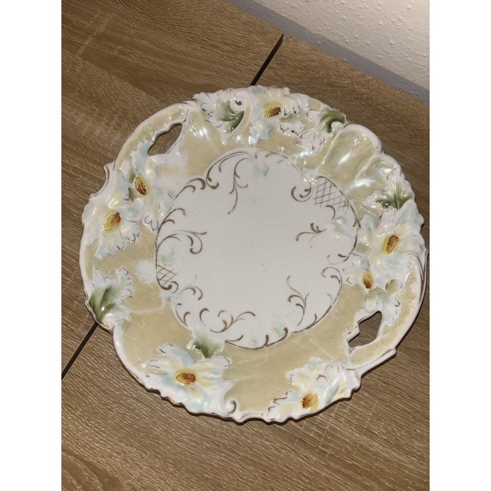 Pair Antique Victorian Hand Painted Porcelain Handled Cake Server Plates Floral - Picture 4 of 16